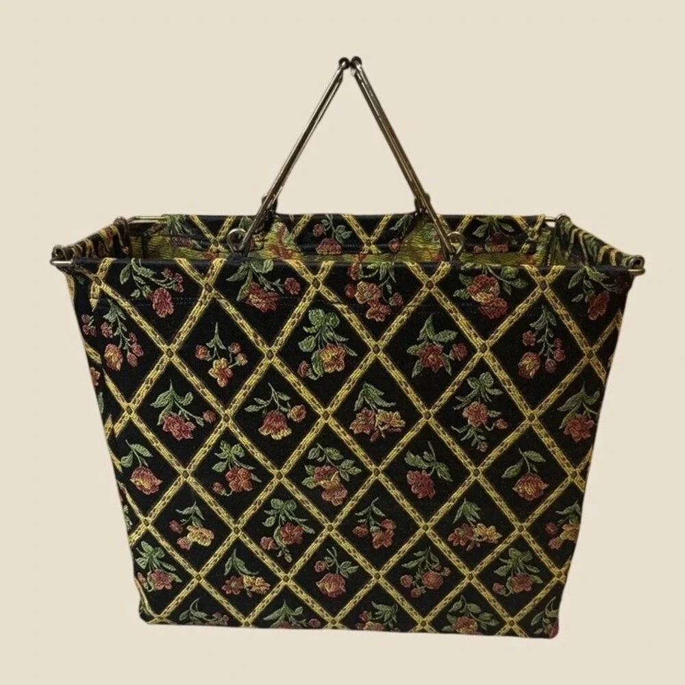 Vintage Tapestry Knitting Bag Black Floral Diamond Trellis Metal Frame Tote